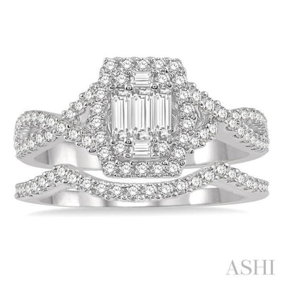 7/8 ctw Diamond Wedding Set With 3/4 ctw Round & Baguette Diamond Engagement Ring and 1/5 ctw Arched Wedding Band in 14K  White Gold