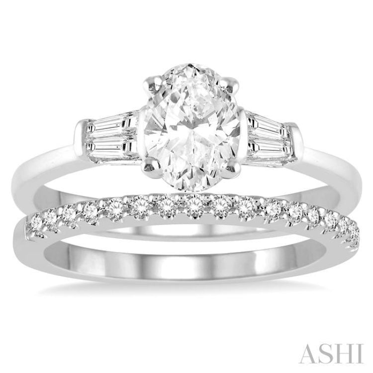 5/8 ctw Diamond Wedding Set With 1/2 ctw Baguette & Oval Cut Engagement Ring and 1/10 ctw Round Cut Diamond Wedding Band in 14K White Gold