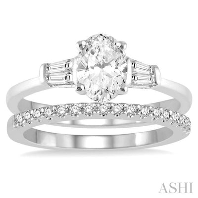 5/8 ctw Diamond Wedding Set With 1/2 ctw Baguette & Oval Cut Engagement Ring and 1/10 ctw Round Cut Diamond Wedding Band in 14K White Gold