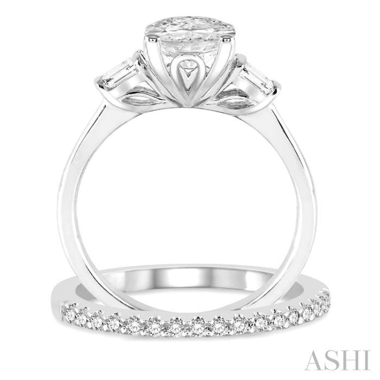 5/8 ctw Diamond Wedding Set With 1/2 ctw Baguette & Oval Cut Engagement Ring and 1/10 ctw Round Cut Diamond Wedding Band in 14K White Gold