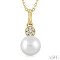 1/50 ctw Petite 6X6 MM Cultured Pearl and Round Cut Diamond Fashion Pendant With Chain in 10K Yellow Gold
