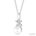 1/50 ctw Petite Floral Round Cut Diamond and 6X6 MM Cultured Pearl Fashion Pendant With Chain in 10K White Gold