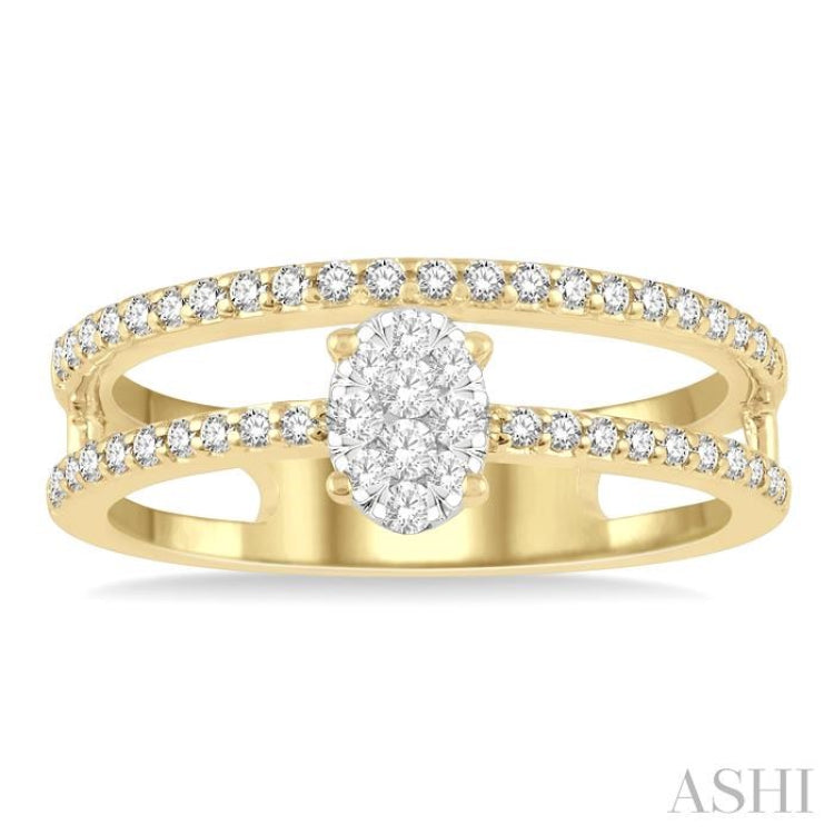 1/3 ctw Twin Band Oval Shape Lovebright Round Cut Diamond Fashion Ring in 14K Yellow and White Gold
