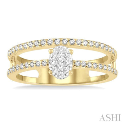 1/3 ctw Twin Band Oval Shape Lovebright Round Cut Diamond Fashion Ring in 14K Yellow and White Gold