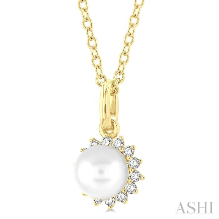 1/10 ctw Petite 6X6 MM Cultured Pearl and Round Cut Diamond Fashion Pendant With Chain in 10K Yellow Gold