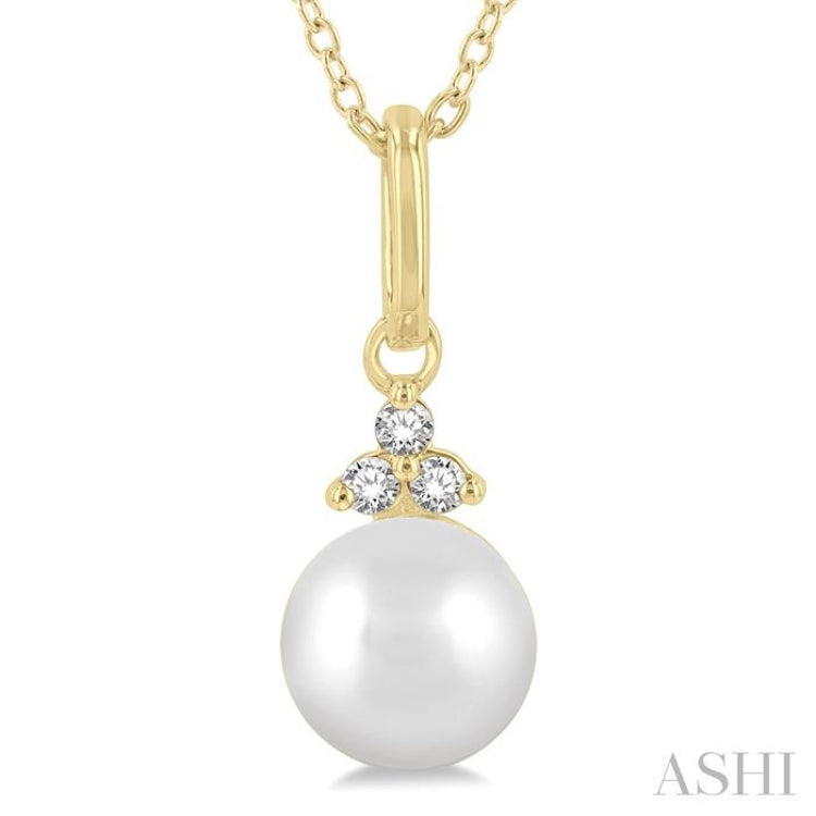 1/50 ctw Petite 6X6 MM Cultured Pearl and Round Cut Diamond Fashion Pendant With Chain in 10K Yellow Gold