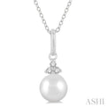 1/50 ctw Petite 6X6 MM Cultured Pearl and Round Cut Diamond Fashion Pendant With Chain in 10K White Gold