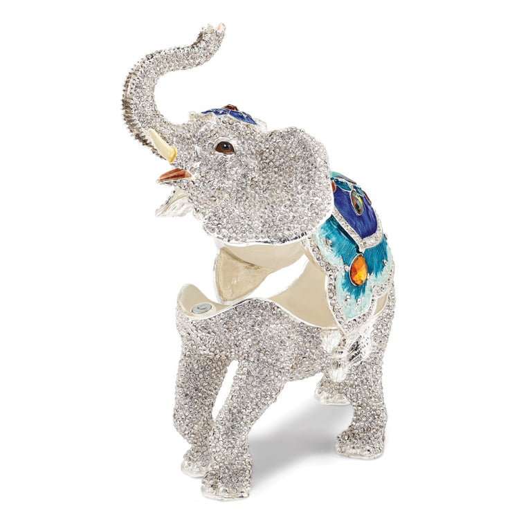 Luxury Giftware Pewter Bejeweled Crystals Gold-tone Enameled BAKUL Full Crystal White Elephant Trinket Box with Matching 18 Inch Necklace