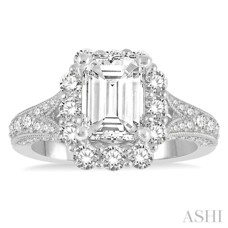 2 ctw Split Shank Emerald Semi Mount Round Cut Diamond Ring in 14K White Gold