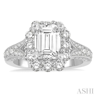 2 ctw Split Shank Emerald Semi Mount Round Cut Diamond Ring in 14K White Gold
