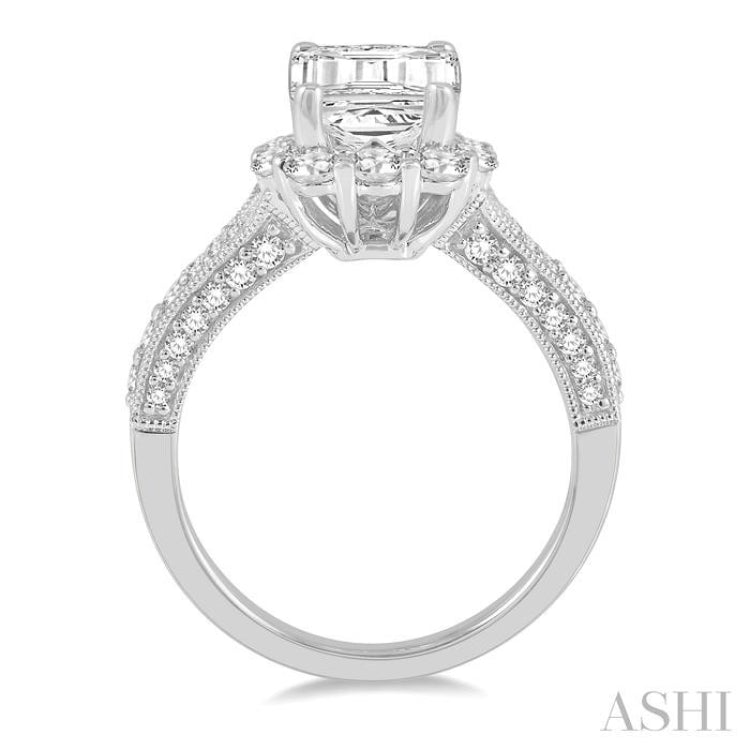 2 ctw Split Shank Emerald Semi Mount Round Cut Diamond Ring in 14K White Gold