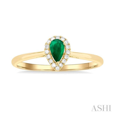 1/20 ctw Round Cut Diamond and 5X3MM Pear Cut Emerald Halo Precious Ring in 10K Yellow Gold