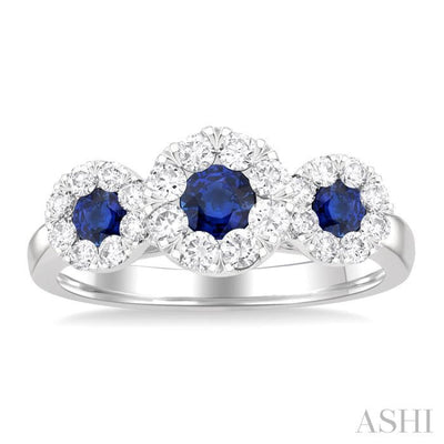 5/8 ctw Lovebright Past, Present and Future 3.80 & 3.00MM Sapphire and Round Cut Diamond Precious Ring in 14K White Gold