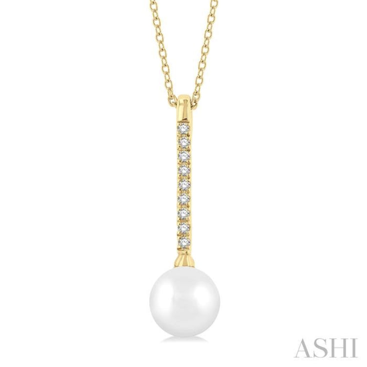 1/10 ctw Petite 7X7MM Cultured Pearl and Round Cut Diamond Fashion Pendant With Chain in 10K Yellow Gold
