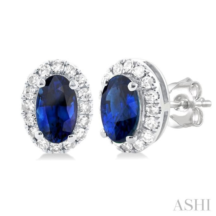 1/8 ctw Round Cut Diamond and 5X3MM Oval Shape Sapphire Halo Precious Stud Earrings in 10K White Gold
