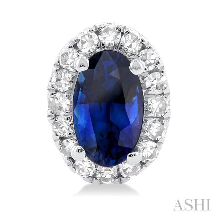 1/8 ctw Round Cut Diamond and 5X3MM Oval Shape Sapphire Halo Precious Stud Earrings in 10K White Gold