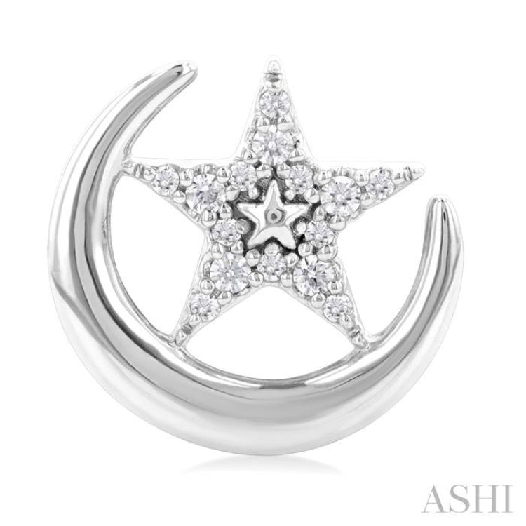 1/8 ctw Petite Crescent Moon and Star Round Cut Diamond Fashion Stud Earring in 10K White Gold