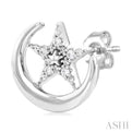 1/8 ctw Petite Crescent Moon and Star Round Cut Diamond Fashion Stud Earring in 10K White Gold