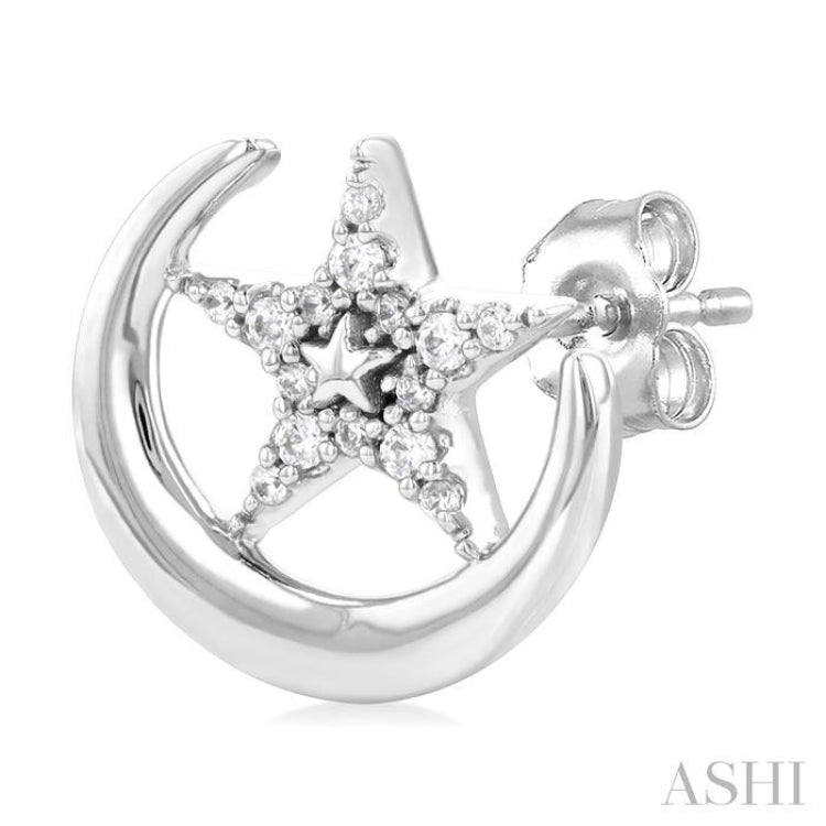 1/8 ctw Petite Crescent Moon and Star Round Cut Diamond Fashion Stud Earring in 10K White Gold