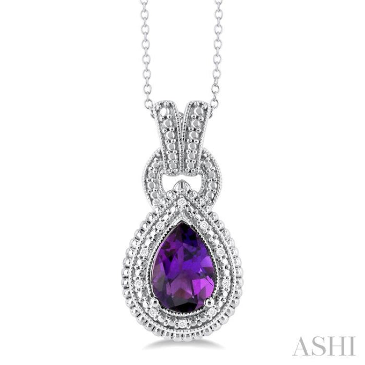 1/20 ctw Pear Cut 10X7 MM Amethyst and Round Cut Diamond Semi Precious Pendant With Chain in Sterling Silver