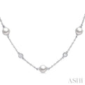 1/4 ctw White 5 MM Cultured Pearls and Round Cut Diamond Station Necklace in 14K White Gold