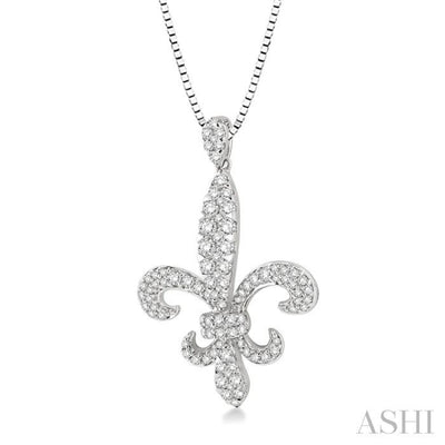 7/8 Ctw Round Cut Diamond Fleur De Lis Pendant in 14K White Gold with Chain