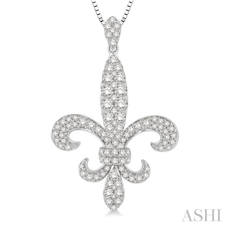 7/8 Ctw Round Cut Diamond Fleur De Lis Pendant in 14K White Gold with Chain