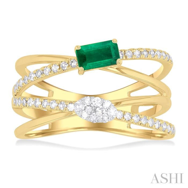 5X3MM Emerald and 1/4 ctw Single Cut Diamond Double Crisscross Lovebright Precious Ring in 10K Yellow and White Gold