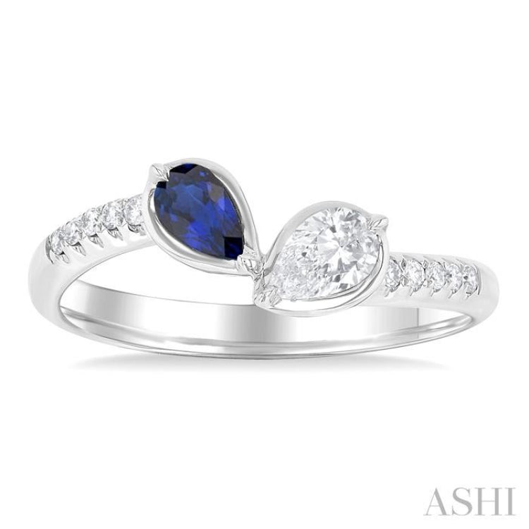 1/3 ctw Toi Et Moi 5X3MM Pear Cut Sapphire and 1/4 ctw Pear & Round Cut Diamond Precious Fashion Ring in 14K White Gold