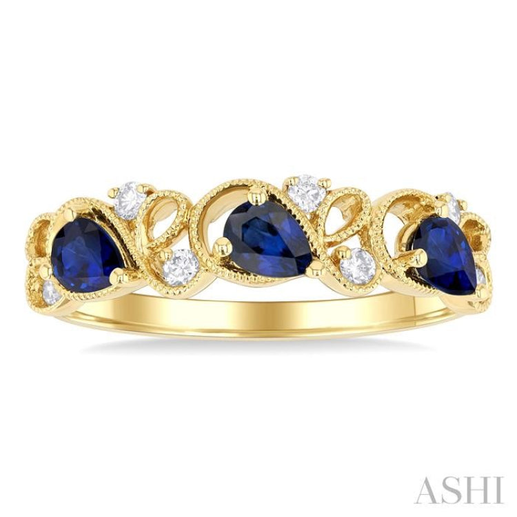 1/10 ctw Lattice Round Cut Diamond 4X3MM Pear Cut Sapphire Precious Band in 14K Yellow Gold