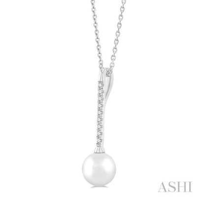 1/10 ctw Petite 7X7MM Cultured Pearl and Round Cut Diamond Fashion Pendant With Chain in 10K White Gold