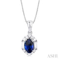 1/5 ctw Hexagon Shape 6X4MM Oval Cut Sapphire, Baguette and Round Cut Diamond Halo Precious Pendant With Chain in 10K White Gold