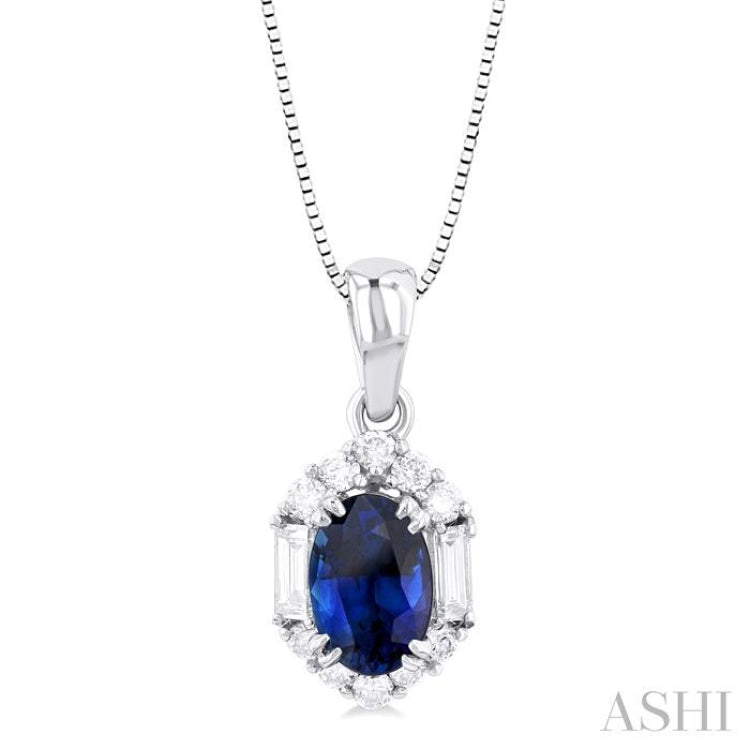 1/5 ctw Hexagon Shape 6X4MM Oval Cut Sapphire, Baguette and Round Cut Diamond Halo Precious Pendant With Chain in 10K White Gold