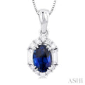 1/5 ctw Hexagon Shape 6X4MM Oval Cut Sapphire, Baguette and Round Cut Diamond Halo Precious Pendant With Chain in 10K White Gold