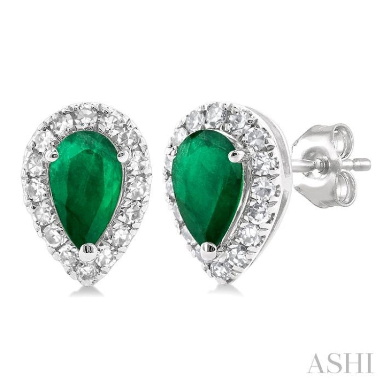 1/8 ctw Round Cut Diamond and 5X3MM Pear Cut Emerald Halo Precious Stud Earrings in 14K White Gold