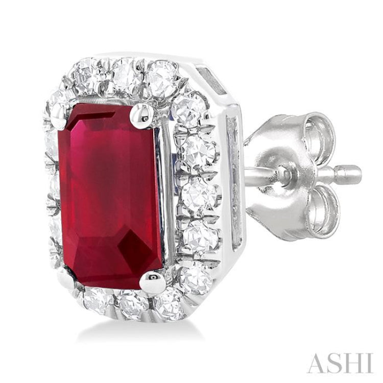 1/8 ctw Round Cut Diamond and 5X3MM Octagonal Shape Ruby Halo Precious Stud Earrings in 14K White Gold
