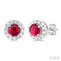 1/10 ctw Round Cut Diamond and 3.25MM Round Cut Ruby Halo Precious Stud Earrings in 14K White Gold