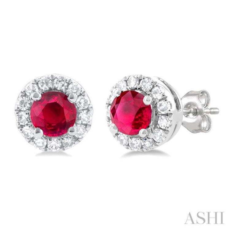 1/10 ctw Round Cut Diamond and 3.25MM Round Cut Ruby Halo Precious Stud Earrings in 14K White Gold