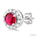 1/10 ctw Round Cut Diamond and 3.25MM Round Cut Ruby Halo Precious Stud Earrings in 14K White Gold