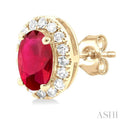 1/8 ctw Round Cut Diamond and 5X3MM Oval Shape Ruby Halo Precious Stud Earrings in 14K Yellow Gold