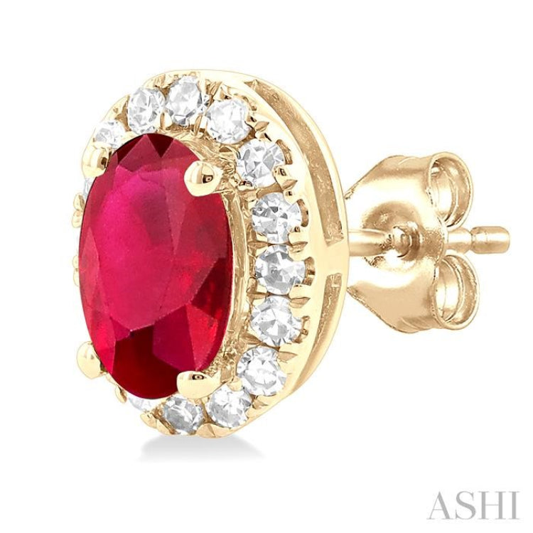 1/8 ctw Round Cut Diamond and 5X3MM Oval Shape Ruby Halo Precious Stud Earrings in 14K Yellow Gold