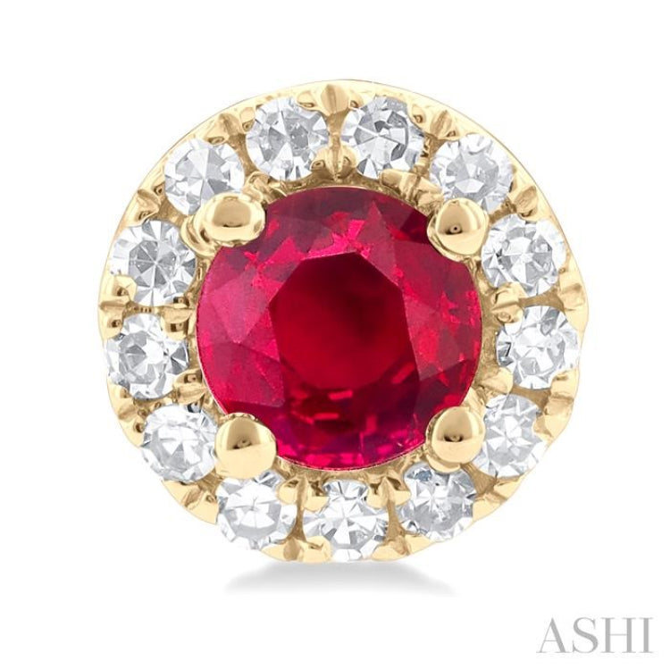 1/10 ctw Round Cut Diamond and 3.25MM Round Cut Ruby Halo Precious Stud Earrings in 14K Yellow Gold