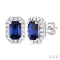 1/8 ctw Round Cut Diamond and 5X3MM Octagonal Shape Sapphire Halo Precious Stud Earrings in 14K White Gold