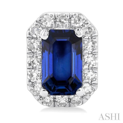 1/8 ctw Round Cut Diamond and 5X3MM Octagonal Shape Sapphire Halo Precious Stud Earrings in 14K White Gold