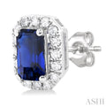 1/8 ctw Round Cut Diamond and 5X3MM Octagonal Shape Sapphire Halo Precious Stud Earrings in 14K White Gold