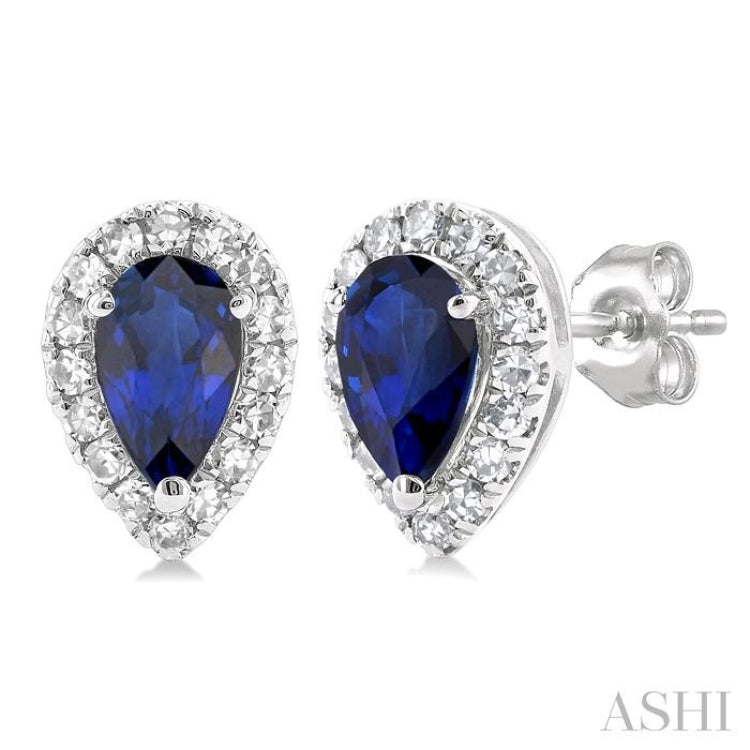 1/8 ctw Round Cut Diamond and 5X3MM Pear Cut Sapphire Halo Precious Stud Earrings in 14K White Gold
