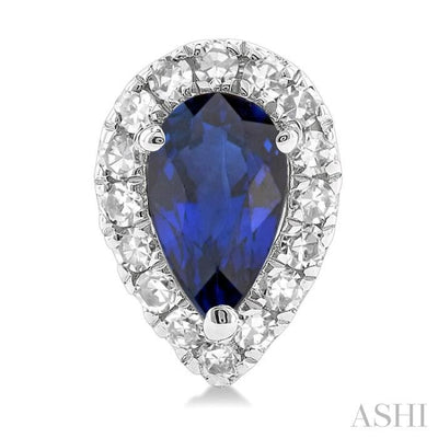 1/8 ctw Round Cut Diamond and 5X3MM Pear Cut Sapphire Halo Precious Stud Earrings in 14K White Gold