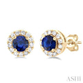 1/10 ctw Round Cut Diamond and 3.25MM Round Cut Sapphire Halo Precious Stud Earrings in 14K Yellow Gold