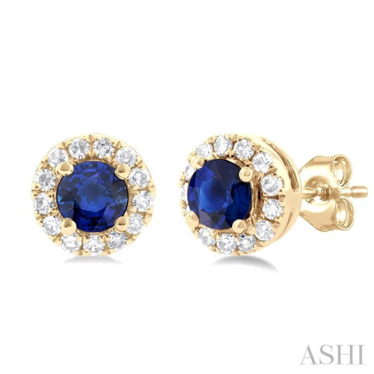 1/10 ctw Round Cut Diamond and 3.25MM Round Cut Sapphire Halo Precious Stud Earrings in 14K Yellow Gold