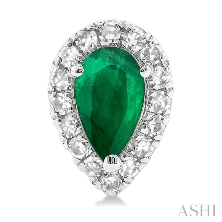 1/8 ctw Round Cut Diamond and 5X3MM Pear Cut Emerald Halo Precious Stud Earrings in 10K White Gold
